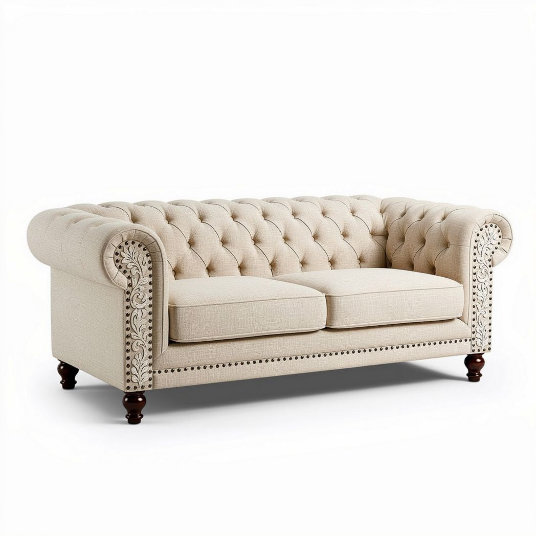 Sofa 200 x 90 x 75cm z materiału tekstylnego w kolorze ecru z ozdobnym wykończeniem